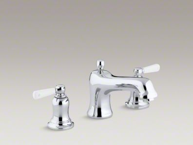 Kohler Bancroft® bath faucet trim for deck-mount high-flow valve with non-diverter spout and White ceramic lever handles, valve not included K-T10585-4P