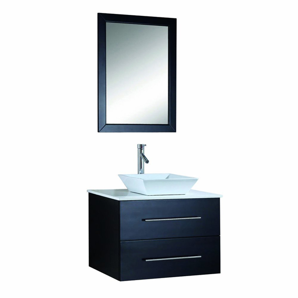 Virtu USA MS-560 Marsala 30-Inch Wall-Mounted Single Sink Bathroom Vanity with White Stone Countertop, Faucet and Mirror, Espresso Finish