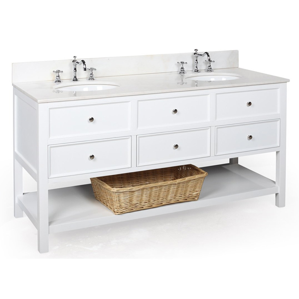 New Yorker 60-inch Bathroom Vanity (White/White): Includes a White Solid Wood Cabinet, Soft Closed Drawers, a Marble Countertop, and Two Ceramic Sinks