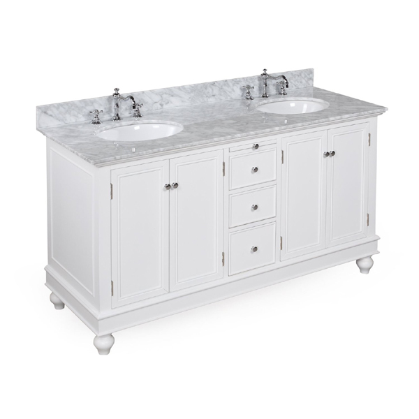 Bella 60-inch Bathroom Vanity (Carrera/White): Includes an Italian Carrera Marble Countertop, a White Cabinet, Soft Close Drawers, and Two Ceramic Sinks