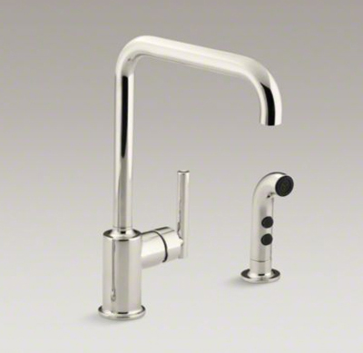 Kohler K-7508-SN Purist Two Hole Kitchen Sink Faucet with 8" Spout and Matching Finish Sidespray - Vibrant Polished Nickel