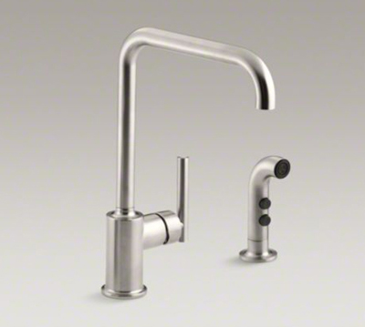 Kohler K-7508-VS Purist Two Hole Kitchen Sink Faucet with 8&quot; Spout and Matching Finish Sidespray - Vibrant Stainless