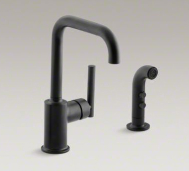Kohler K-7511-BL Purist Two Hole Kitchen Sink Faucet with 6" Spout and Matching Finish Sidespray - Matte Black