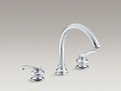 Kohler Fairfax® deck-mount bath faucet trim with lever handles and traditional 8-7/8" non-diverter slip-fit spout, valve not included K-T12885-4