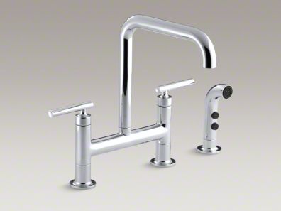 Kohler Purist® Two-hole deck-mount bridge bridge kitchen sink faucet with 8-3/8" spout and matching finish sidespray K-7548-4