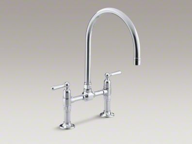 Kohler HiRise Two-hole deck-mount bridge kitchen sink faucet with 10-1/4" gooseneck spout and lever handles K-7337-4