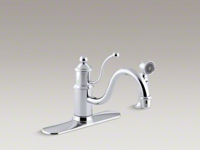 Kohler Antique Three-hole kitchen sink faucet with escutcheon plate, 8-7/8" spout , sidespray and lever handle K-171