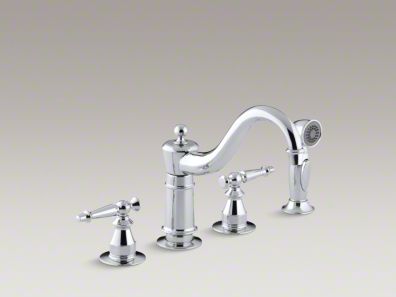 Kohler Antique Three-hole kitchen sink faucet with 8-5/8" spout, sidespray and lever handles K-158-4