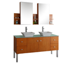 Virtu USA MD-457G Clarissa 61-Inch Wall-Mounted Double Sink Bathroom Vanity, Mirrored Cabinets and Shelves, Honey Oak Finish with Tempered Glass Countertop